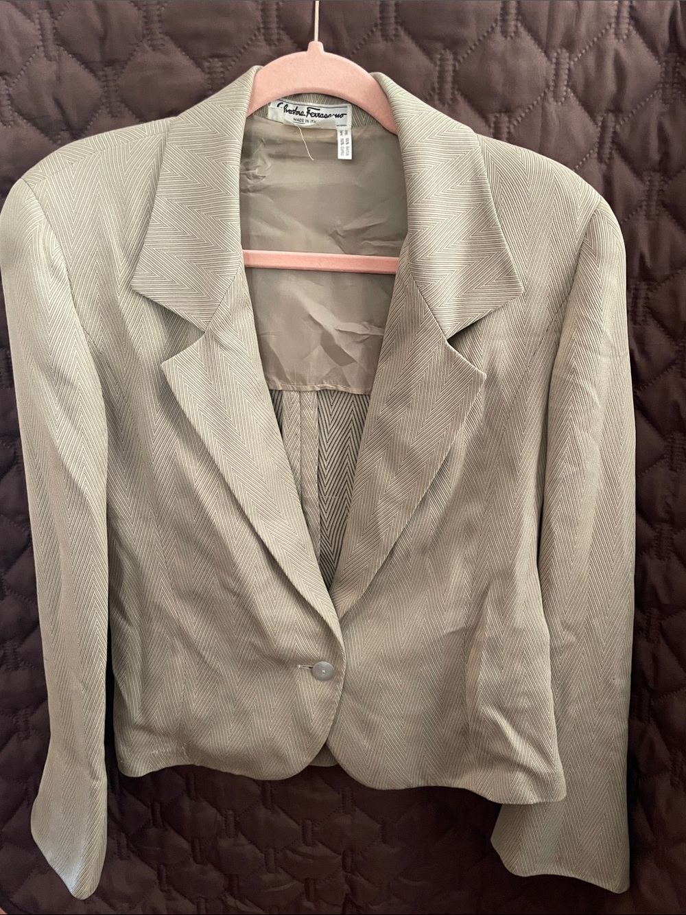 Salvatore Ferragamo silk Women's Tan Herringbone Blazer single button front